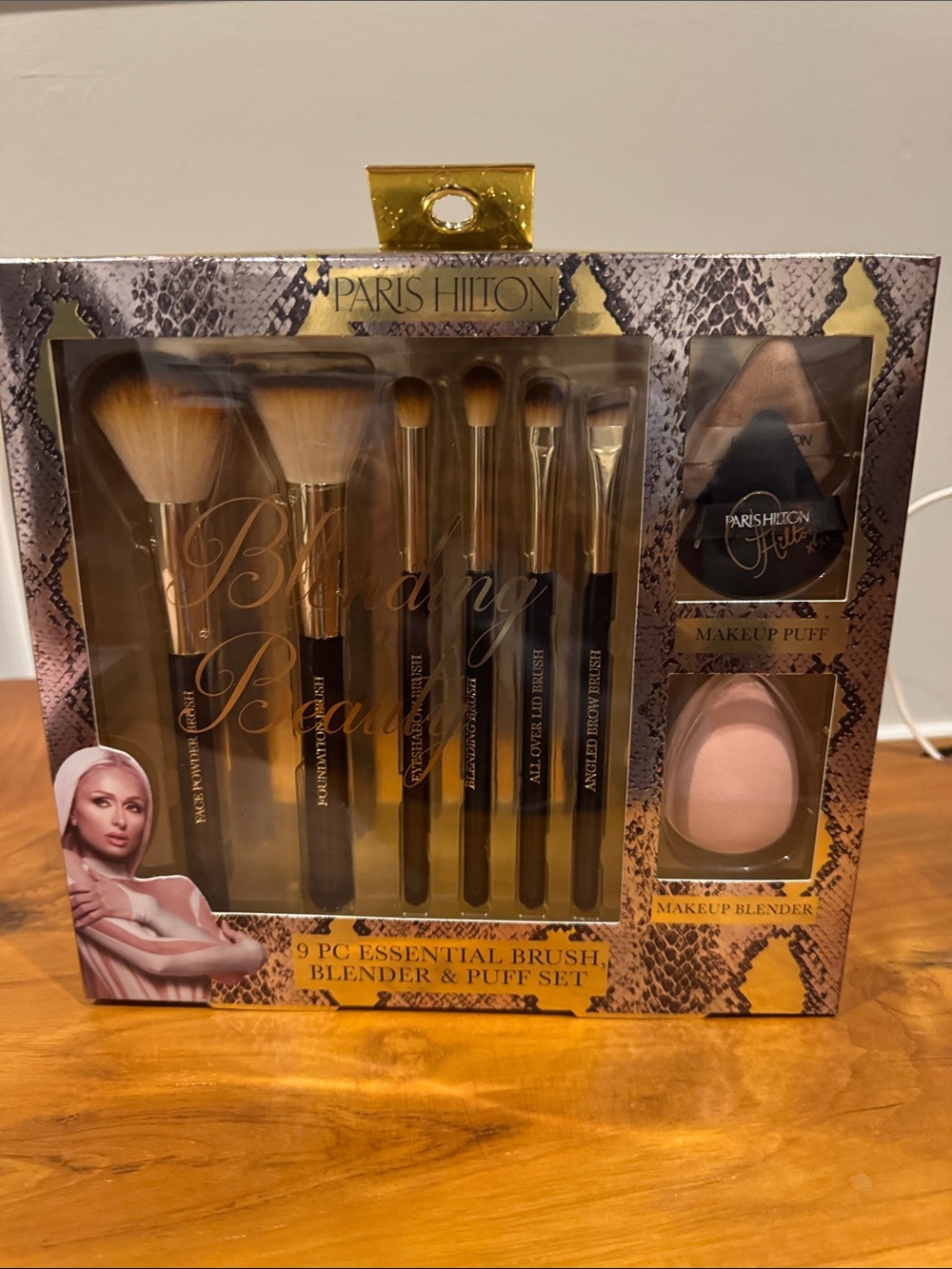Paris Hilton 9-Piece Makeup Brush Set with Pink Blender and Black Handles